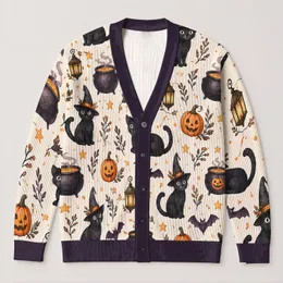 Black Cats, Pumpkins And Cauldrons For Halloween Cozy Layering Gift For Women And Witches All-over Print Knitted Cardigan