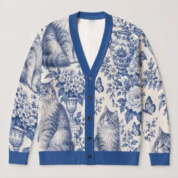Blue Porcelain Cats and Floral Vignettes for Everyday Layering and Weekend Outings All-over Print Knitted Cardigan