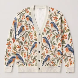 Songbird Berry Motif for Casual Layering, Nature Lovers and Everyday Weekend Outings All-over Print Knitted Cardigan