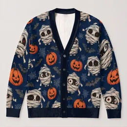 Mummy Pumpkin Halloween Style for Parties and Fall Layering Women's Plus Size Outfits All-over Print Knitted Cardigan