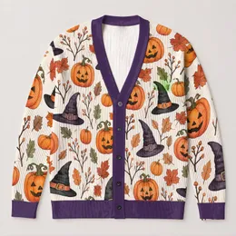 Festive Jack-O'-Lantern Witch Hats For Cozy Halloween Layering Women's Fall Style All-over Print Knitted Cardigan
