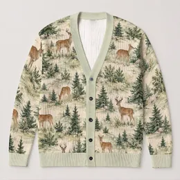 Forest Deer And Pine Tree Winter Scene For Rustic Autumn Layering, Nature Lovers All-over Print Knitted Cardigan