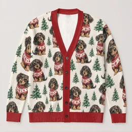 Dachshund Christmas Trees for Cozy Holiday Layering and Festive Winter Outings All-over Print Knitted Cardigan