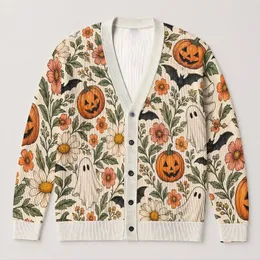 Pumpkin Bat Daisy Halloween Style For Cozy Fall Outings, Women’s Plus Size Casualwear All-over Print Knitted Cardigan