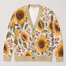 Golden Sunflowers and Autumn Leaves for Cozy Layering, Plus Size Weekend Lifestyle All-over Print Knitted Cardigan