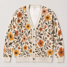 Orange Wildflower Botanical Blooms for Cozy Autumn Layering and Everyday Cottage Style All-over Print Knitted Cardigan