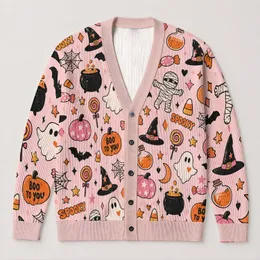 Halloween Pumpkin Ghost Bat Treats For Festive Autumn Layering Women’s Casual Style All-over Print Knitted Cardigan