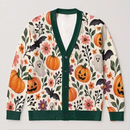 Halloween Pumpkins Bats and Wildflowers for Autumn Gatherings and Cozy Layering All-over Print Knitted Cardigan