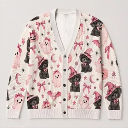 Pink Halloween Dogs, Bats and Ghosts for Cozy Autumn Layering for Women Dog Lovers All-over Print Knitted Cardigan