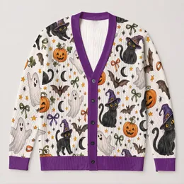 Halloween Cats Ghosts and Bats for Festive Autumn Evenings and Cozy Everyday Wear All-over Print Knitted Cardigan