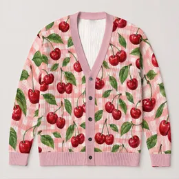 Cherry Pink Gingham With Red Cherries For Casual Summer Layering, Women's Everyday Style All-over Print Knitted Cardigan