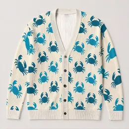 Teal Crab Coastal Motif for Beach Holidays and Relaxed Vacation Style for Women’s Everyday All-over Print Knitted Cardigan
