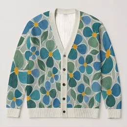 Teal Blue Abstract Floral Geometry for Autumn Outings and Casual Weekend Style for Women All-over Print Knitted Cardigan