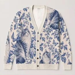 Blue White Cat Toile Floral Scene For Relaxed Everyday Layering And Cottagecore Women All-over Print Knitted Cardigan