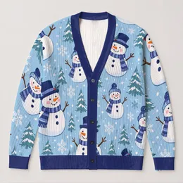 Blue Snowman Winter Scene for Cozy Vacation Layering and Casual Women's Everyday Style All-over Print Knitted Cardigan