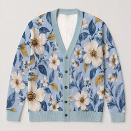 Light Blue Botanical Blooms For Spring Getaways And Date Nights, Elegant Style For Women All-over Print Knitted Cardigan