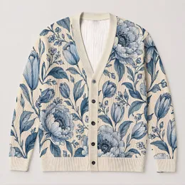 Blue Botanical Peony Florals for Elegant Everyday Layering, Spring Outings and Gifts All-over Print Knitted Cardigan