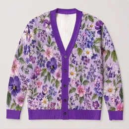 Lavender Purple Floral Garden For Elegant Autumn Outings And Romantic Getaways Women All-over Print Knitted Cardigan