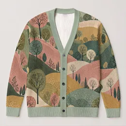 Layered Forest Hills for Autumn Outings and Vacation Style, Women’s Nature Wardrobe All-over Print Knitted Cardigan
