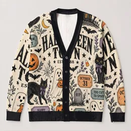 Halloween Town Ghosts Pumpkins and Black Cats for Spooky Autumn Nights All-over Print Knitted Cardigan