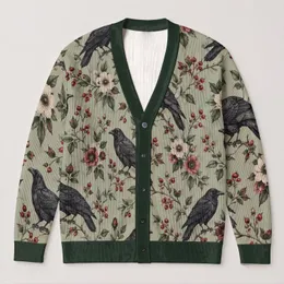 Raven and Botanical Berry Blooms for Dark Cottagecore Autumn Style and Bird Lovers All-over Print Knitted Cardigan