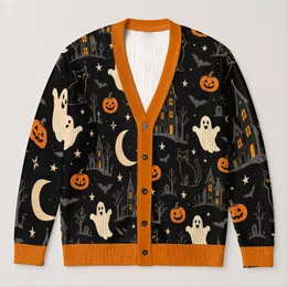 Black Cats, Friendly Ghosts & Haunted Houses for Cozy Halloween Nights in Autumn All-over Print Knitted Cardigan