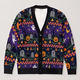 Black Cats, Ghosts, Pumpkins and Graveyard Scenes for Spooky Halloween Fall Style All-over Print Knitted Cardigan