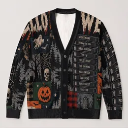Vintage Horror VHS Tape Stack for Halloween Movie Nights and Retro Autumn Fans All-over Print Knitted Cardigan