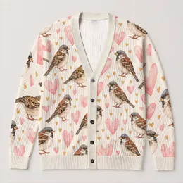 Brown Sparrow Heart Motif for Romantic Spring Outfits and Casual Vacation Style Women All-over Print Knitted Cardigan