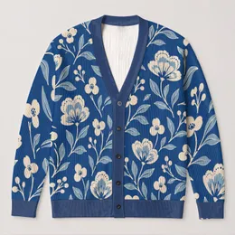 Blue Floral Botanical Blooms for Casual Layering and Everyday Garden-Inspired Women’s Style All-over Print Knitted Cardigan