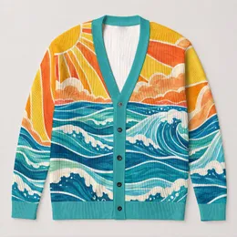 Ocean Sun Coastal Scene for Vacation Layering and Autumn Outings for Women By The Sea All-over Print Knitted Cardigan