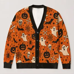 Halloween Pumpkins, Ghosts, Bats And Spiderwebs For Festive Autumn Layering Looks All-over Print Knitted Cardigan