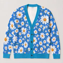 Blue Daisy Floral Motif for Vacation Layering and Casual Autumn Date Style for Women All-over Print Knitted Cardigan