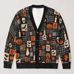 Halloween Ghost Pumpkin Skull Patchwork for Cozy Autumn Gatherings and Spooky Season All-over Print Knitted Cardigan