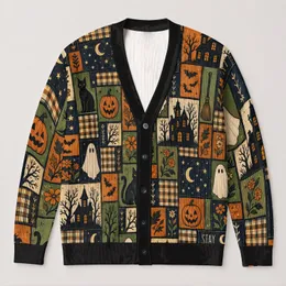 Ghost Pumpkin Black Cat Halloween Fall Outfit Gift for Spooky Season Style Lovers All-over Print Knitted Cardigan
