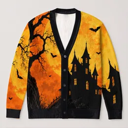 Black Cat Halloween Moonlit Haunted House Fall Night Outfit for Spooky Season Lovers All-over Print Knitted Cardigan