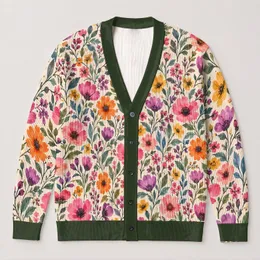 Watercolor Wildflowers in Pink Orange and Purple for Spring Weekend Layering Style All-over Print Knitted Cardigan