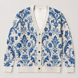 Blue White Damask Floral Motifs for Spring Gatherings and Everyday Layering Women All-over Print Knitted Cardigan