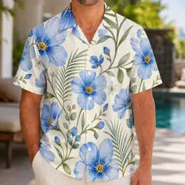 Blue Watercolor Wildflowers and Green Vines for Coastal Resort Vacation Gifts for Her Hawaiian Shirt