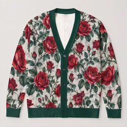 Classic Red Rose Floral Botanical Style for Everyday Layering and Special Occasions Wear All-over Print Knitted Cardigan