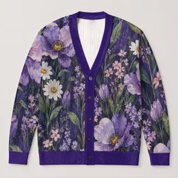 Purple Wildflower Meadow With Painterly Blooms For Relaxed Autumn Weekend Layering All-over Print Knitted Cardigan