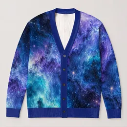 Indigo Nebula Cosmos for Autumn Layering and Vacation Evenings, Women's Celestial Style All-over Print Knitted Cardigan