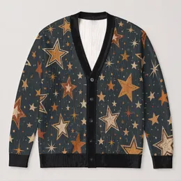 Rustic Star Motif In Charcoal And Amber For Autumn Layering And Weekend Travel Women All-over Print Knitted Cardigan