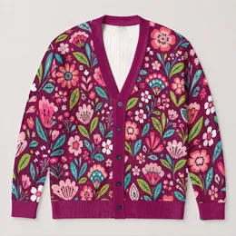 Bright Folk Floral Blooms for Colorful Everyday Layering and Women's Casual Style All-over Print Knitted Cardigan