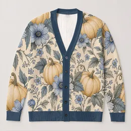 Blue Florals and Golden Pumpkins for Autumn Gatherings and Everyday Layering for Women All-over Print Knitted Cardigan