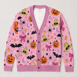 Pink Halloween Bats Pumpkins And Bows For Festive Autumn Gatherings And Parties Women All-over Print Knitted Cardigan