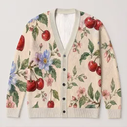 Watercolor Cherries And Blossoms For Autumn Vacations, Dates, And Everyday Style All-over Print Knitted Cardigan