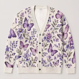 Purple Butterfly Floral Elegance for Spring Layering, Romantic Everyday Style for Women and Gifts All-over Print Knitted Cardigan