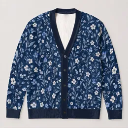 Navy Blue Wildflower Motif for Relaxed Vacation Layers and Everyday Women's Style All-over Print Knitted Cardigan