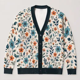 Teal Orange Floral Botanical Layering Style for Casual Autumn Days and Gifts for Her All-over Print Knitted Cardigan